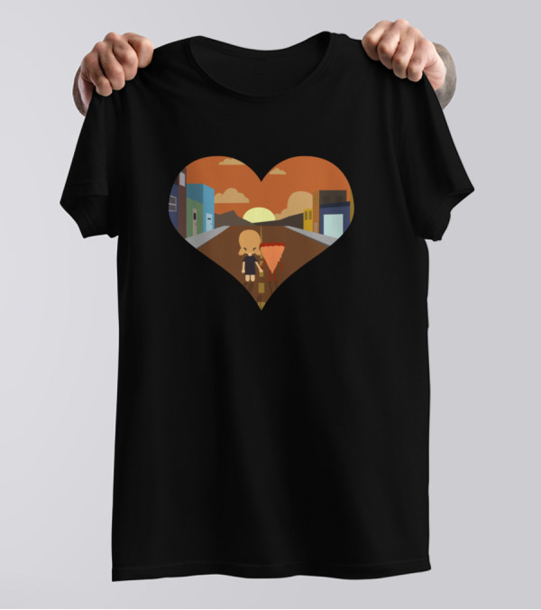 Blonde Girl With Pizza Walking At Sunset In Heart-Shaped Cityscape T-Shirt