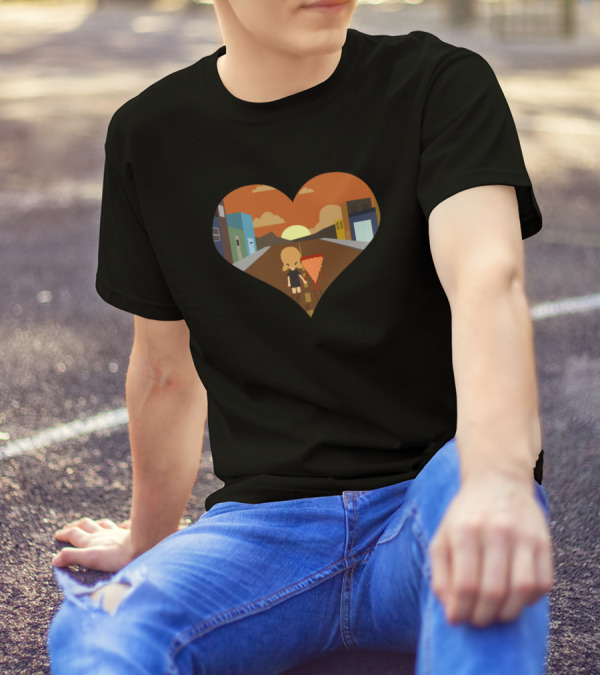 Blonde Girl With Pizza Walking At Sunset In Heart-Shaped Cityscape T-Shirt