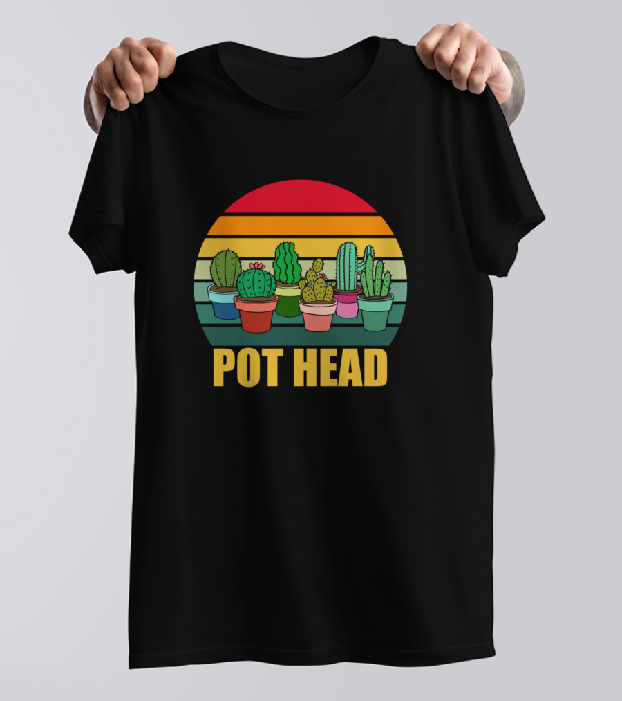 Pot Head Cactus Succulents Plants Gardening Retro Sunset T-Shirt