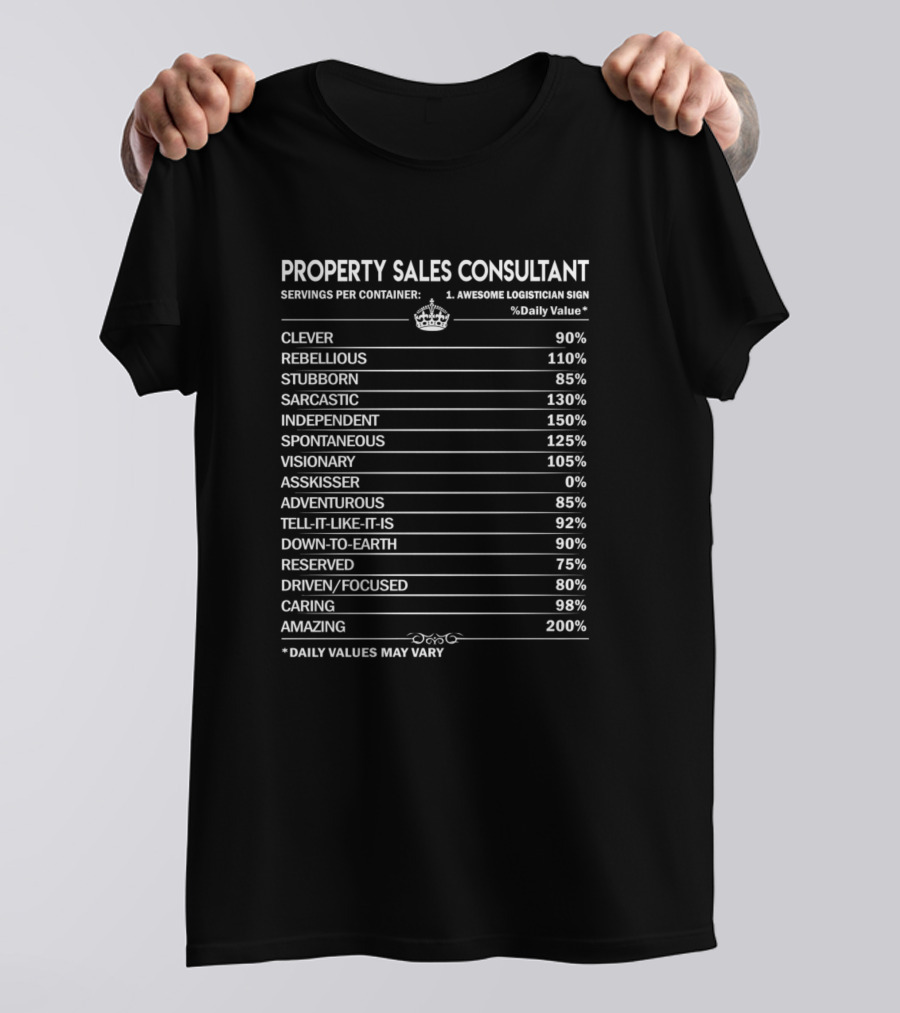 PROPERTY SALES CONSULTANT CLEVER REBELLIOUS STUBBORN SARCASTIC INDEPENDENT SPONTANEOUS VISIONARY AMAZING SERVINGS PER CONTAINER DAILY VALUES MAY VARY T-Shirt