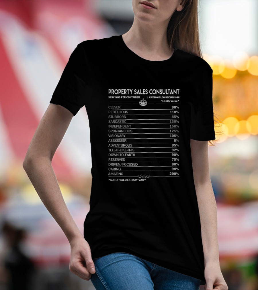 PROPERTY SALES CONSULTANT CLEVER REBELLIOUS STUBBORN SARCASTIC INDEPENDENT SPONTANEOUS VISIONARY AMAZING SERVINGS PER CONTAINER DAILY VALUES MAY VARY T-Shirt