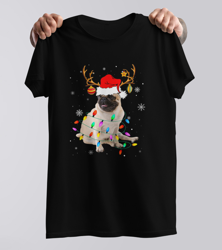 Pug Reindeer Santa Hat Wrapped In Christmas Lights With Snowflakes And Ornament Accents T-Shirt