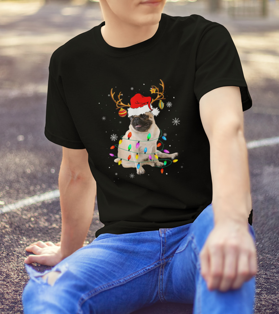 Pug Reindeer Santa Hat Wrapped In Christmas Lights With Snowflakes And Ornament Accents T-Shirt