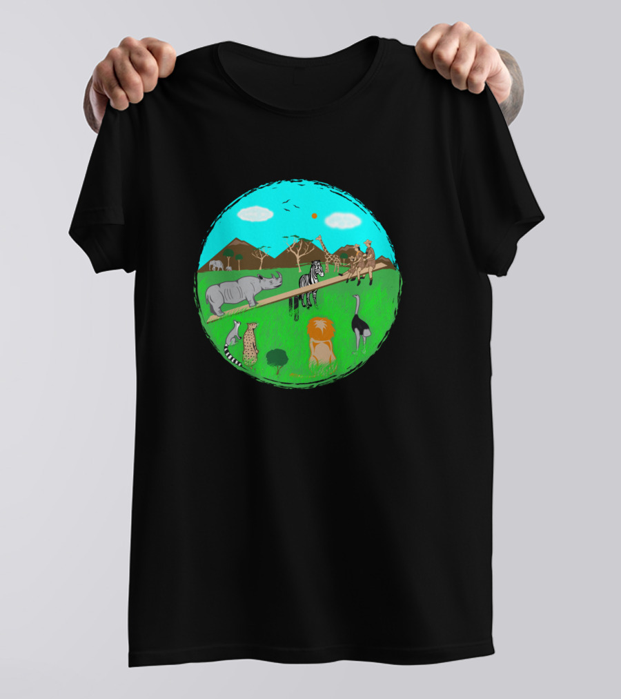 Rhinosawus African Wildlife Animals See-Saw Savannah Scene T-Shirt