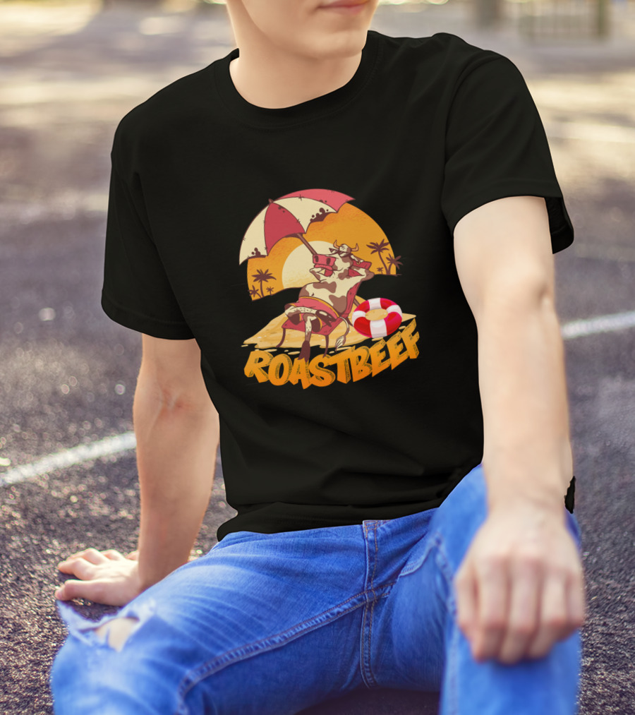 Roastbeef Cow Relaxing With Umbrella On Sun Kissed Beach T-Shirt
