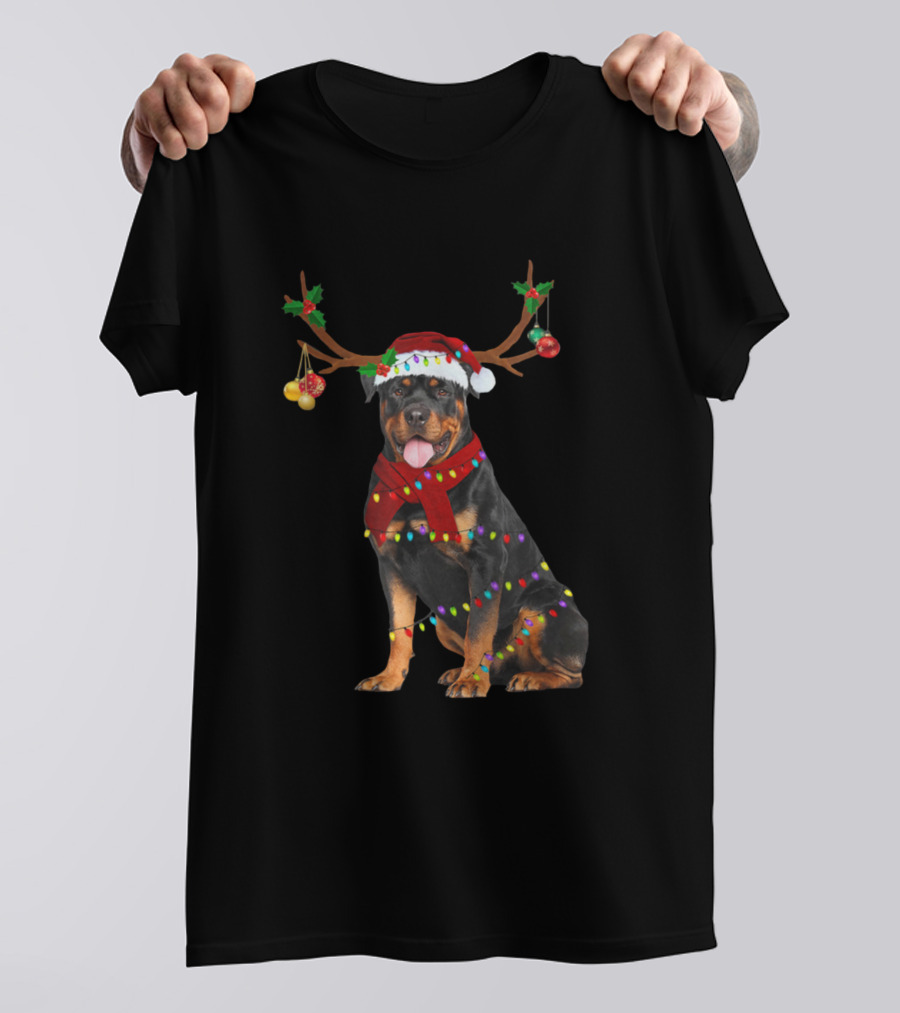 Rottweiler Reindeer Antlers Santa Hat Christmas Ornaments Lights T-Shirt