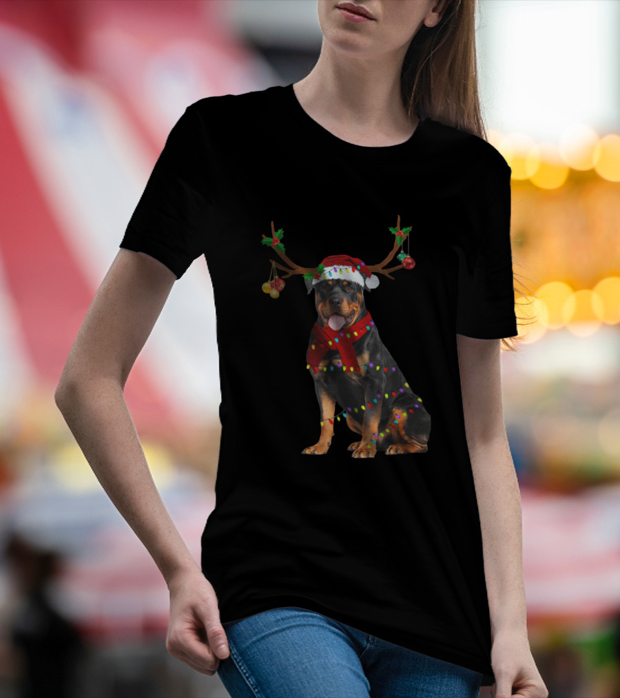 Rottweiler Reindeer Antlers Santa Hat Christmas Ornaments Lights T-Shirt