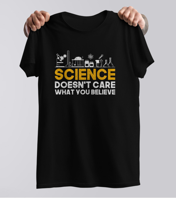 Science Doesn't Care What You Believe Science Flask Microscope Gears Atom Icons T-Shirt