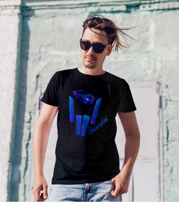 Sharerghini Blue Sports Car And Galaxy-Themed Elements T-Shirt