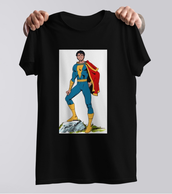 Shazam Captain Marvel Jr Classic Comic Superhero In Red Cape And Blue Suit T-Shirt