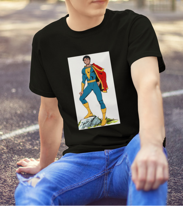 Shazam Captain Marvel Jr Classic Comic Superhero In Red Cape And Blue Suit T-Shirt