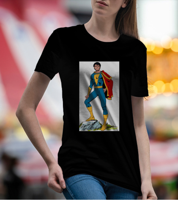 Shazam Captain Marvel Jr Classic Comic Superhero In Red Cape And Blue Suit T-Shirt