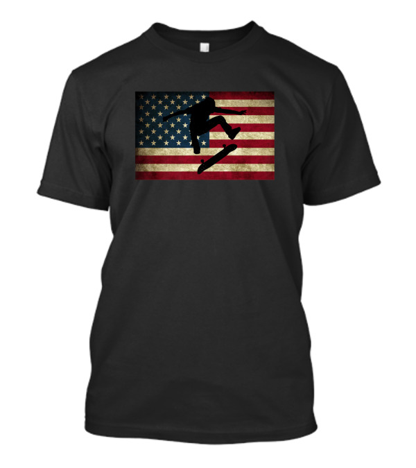 Vintage USA Skateboarding Silhouette Over American Flag Background T-Shirt