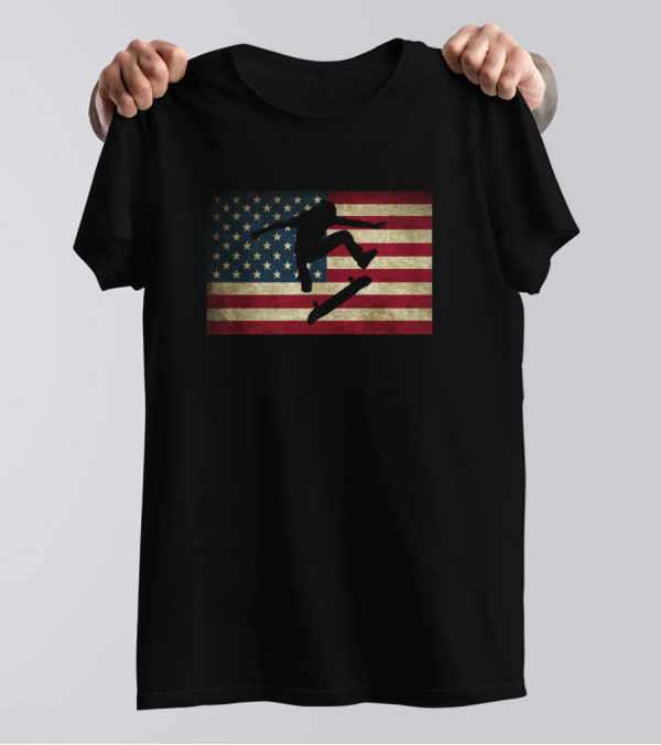 Vintage USA Skateboarding Silhouette Over American Flag Background T-Shirt