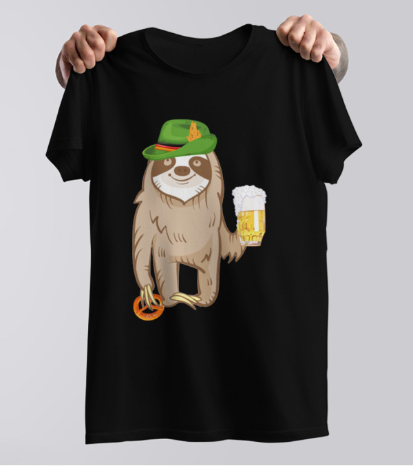Sloth Oktoberfest German Hat Lazy Animal Costume With Beer And Pretzel T-Shirt