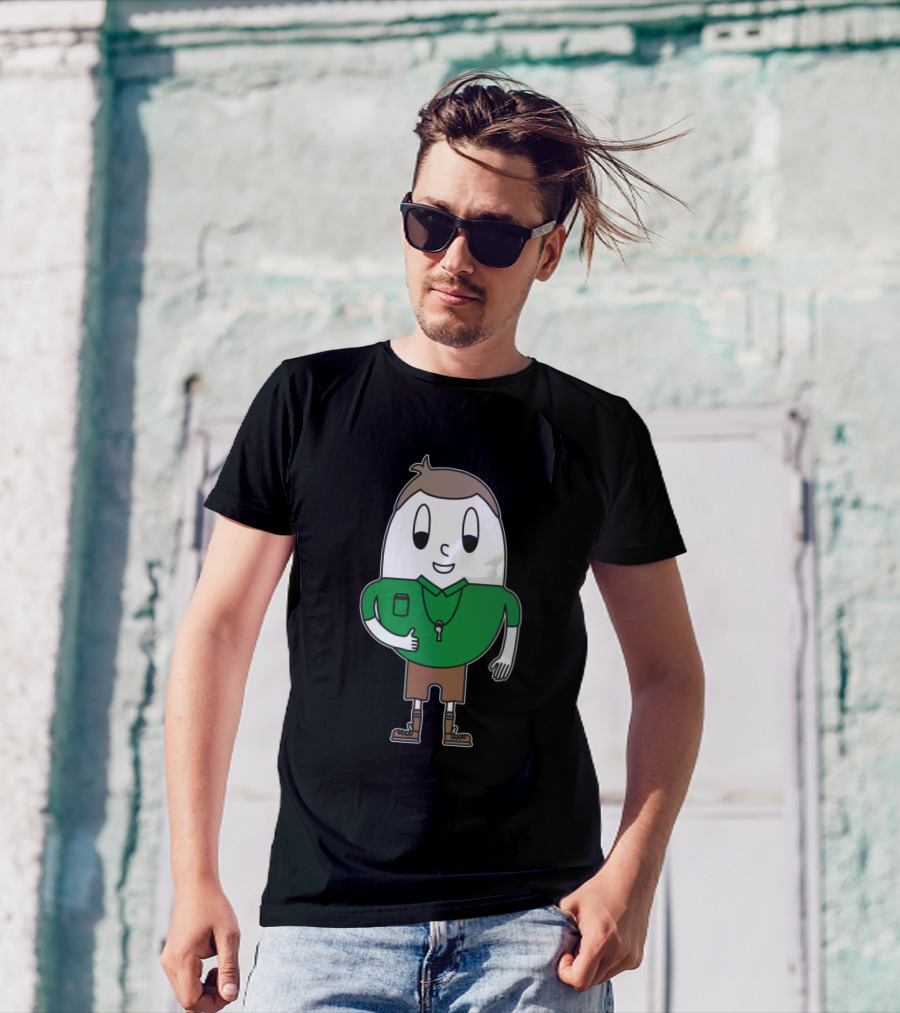 Soccer Referee Egg Cartoon Character In Green Shirt With Whistle T-Shirt
