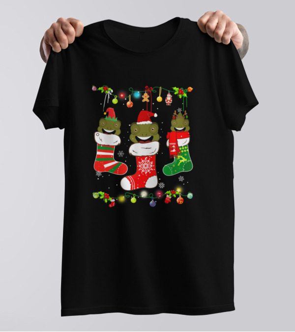 Socks Merry Christmas Chameleon Stockings Santa Lights Snowflakes Holiday T-Shirt