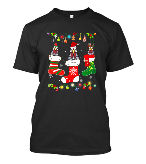 Merry Christmas Chicken In Festive Stockings With Holiday Lights And Ornaments T-Shirt
