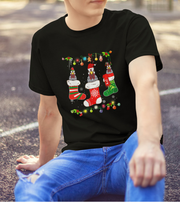 Merry Christmas Chicken In Festive Stockings With Holiday Lights And Ornaments T-Shirt