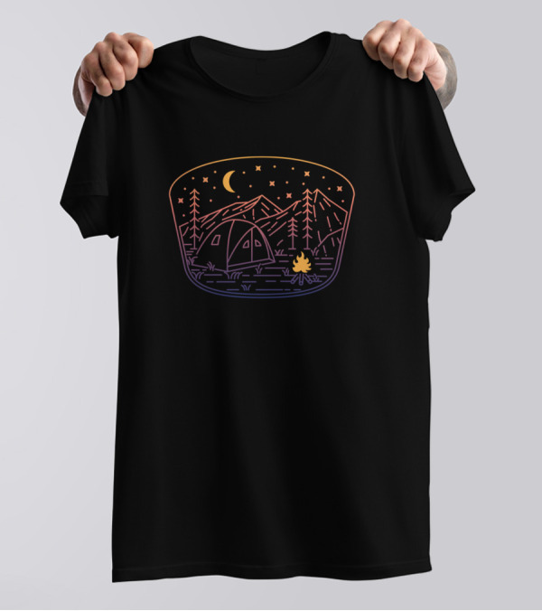 The Campengs Night Sky Mountains Tent Campfire Forest Scene T-Shirt