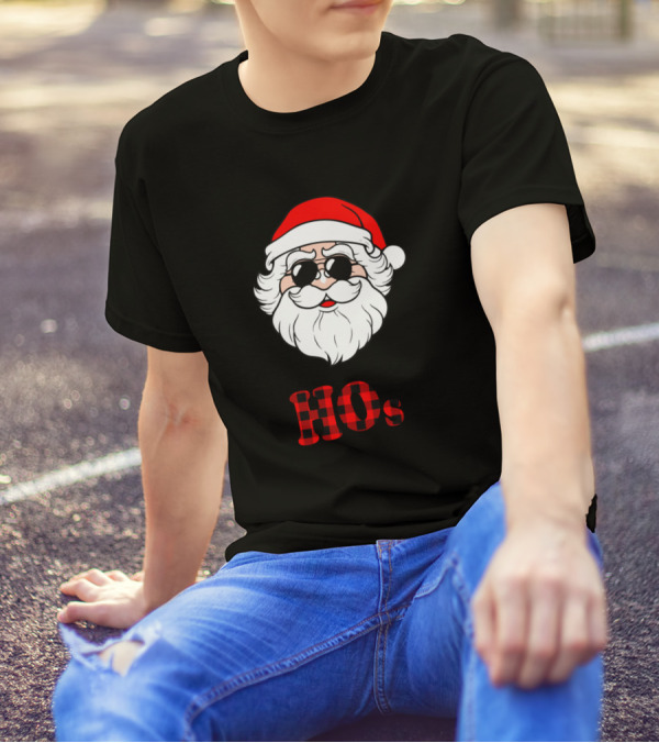 There's Some Hos In This House Christmas Santa Claus Sunglasses Plaid Hat T-Shirt