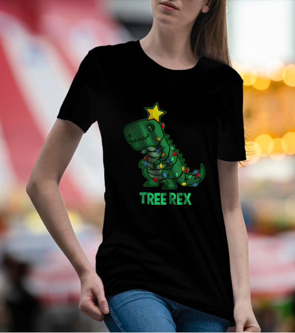Tree Rex Christmas Dino Lights Star T-Shirt