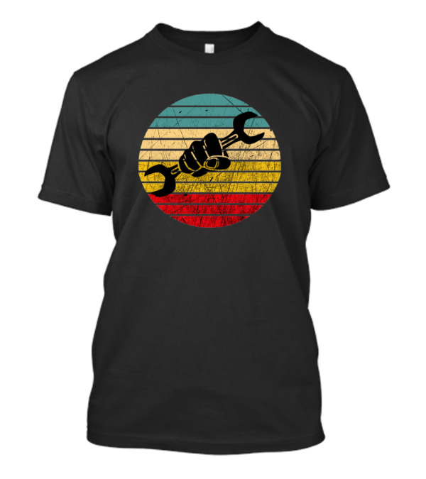 Vintage Mechanics Circle Fist Holding Wrench Retro Stripes T-Shirt