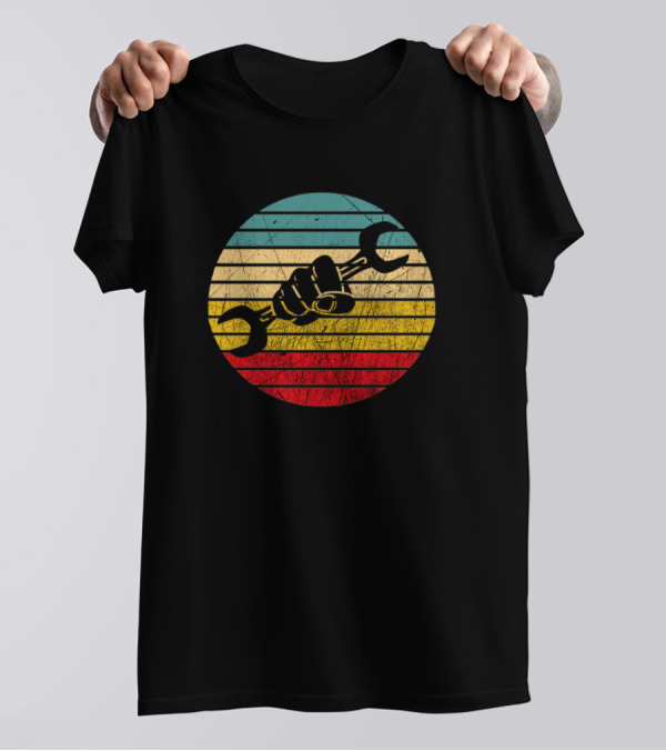 Vintage Mechanics Circle Fist Holding Wrench Retro Stripes T-Shirt