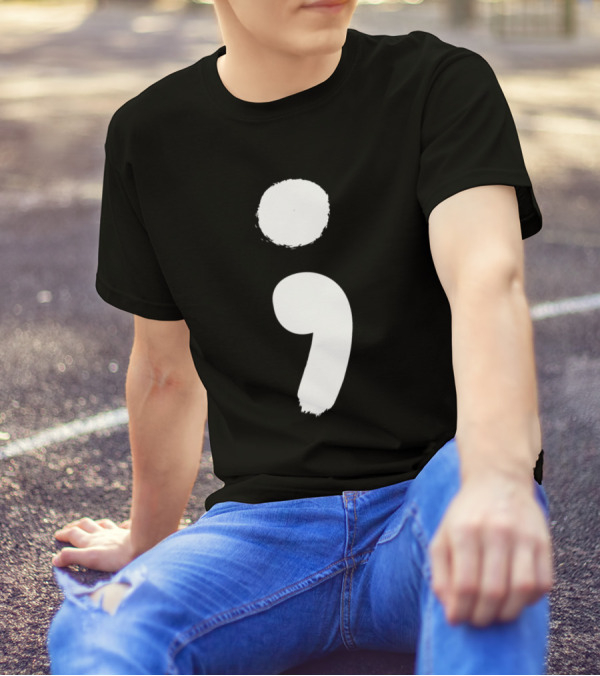 White Brush Semicolon Imagery For Mental Health Awareness T-Shirt
