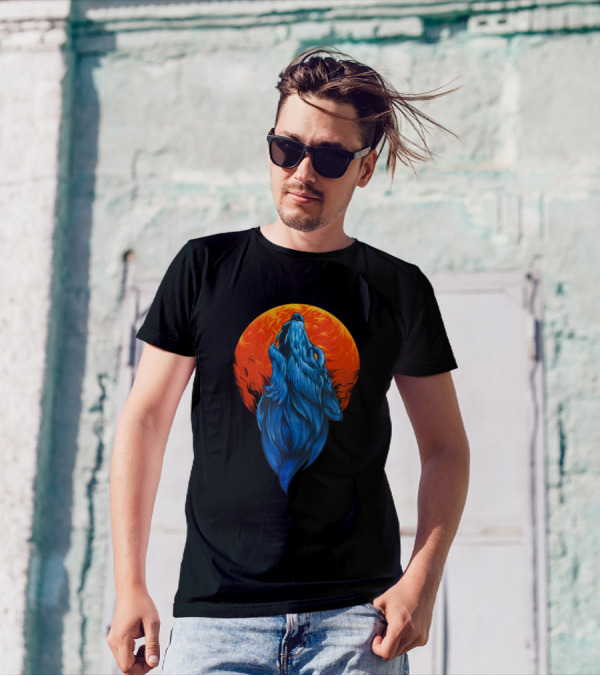 Wolf Howling At Fiery Red Moon T-Shirt