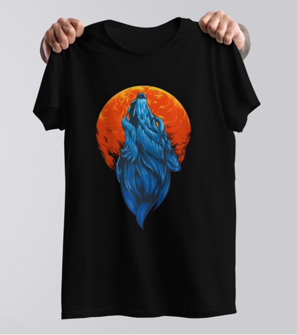 Wolf Howling At Fiery Red Moon T-Shirt