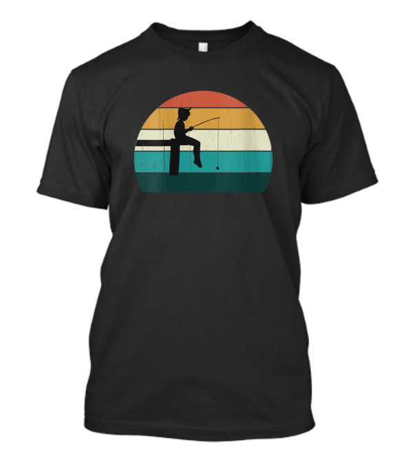 Funny Fisher Boy Silhouette On Retro Sunset Fishing Scene T-Shirt