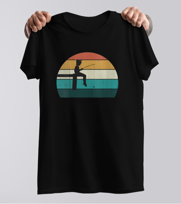 Funny Fisher Boy Silhouette On Retro Sunset Fishing Scene T-Shirt