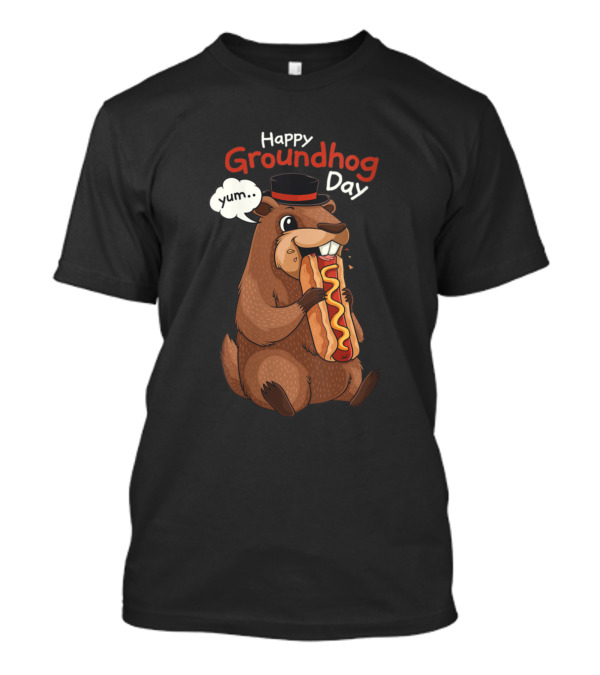 Happy Groundhog Day Yum Groundhog Eating Hotdog T-Shirt