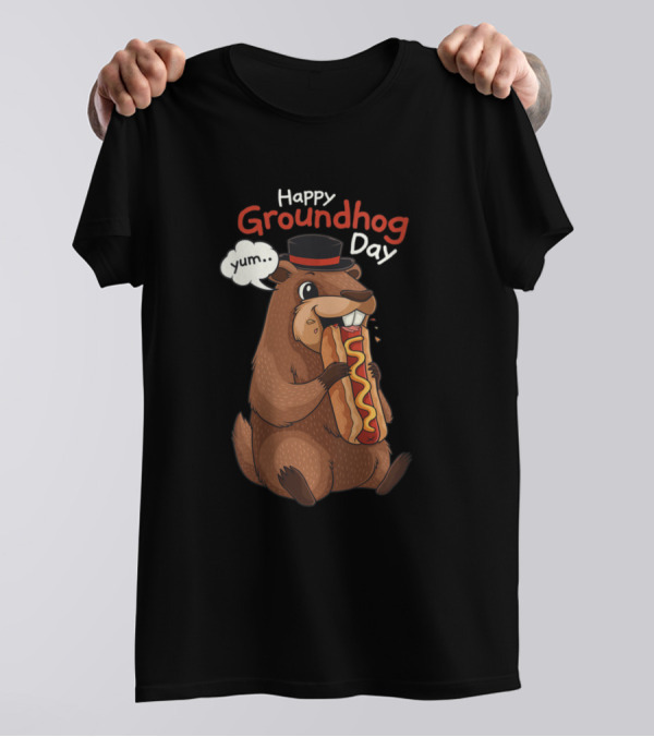 Happy Groundhog Day Yum Groundhog Eating Hotdog T-Shirt
