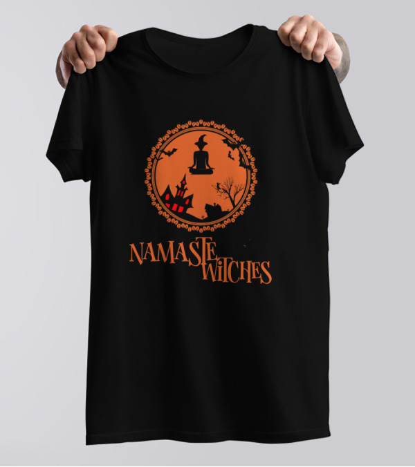 Namaste Witches Halloween Yogi With Hat And Bats T-Shirt