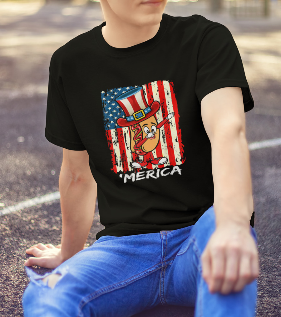 American Flag USA Dabbing Hotdog Merica 4th July T-Shirt