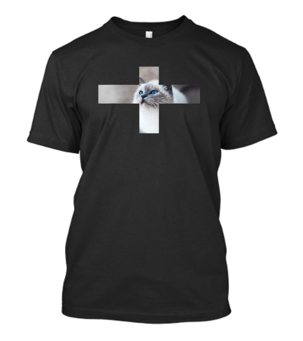 Christian Cross Cat With Blue-Eyed Feline Face T-Shirt