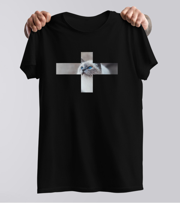 Christian Cross Cat With Blue-Eyed Feline Face T-Shirt