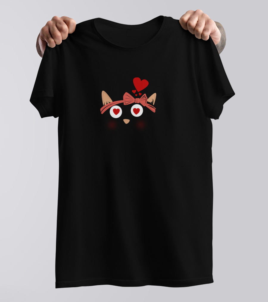 Love Hearts Black Cat With Cute Bowtie T-Shirt