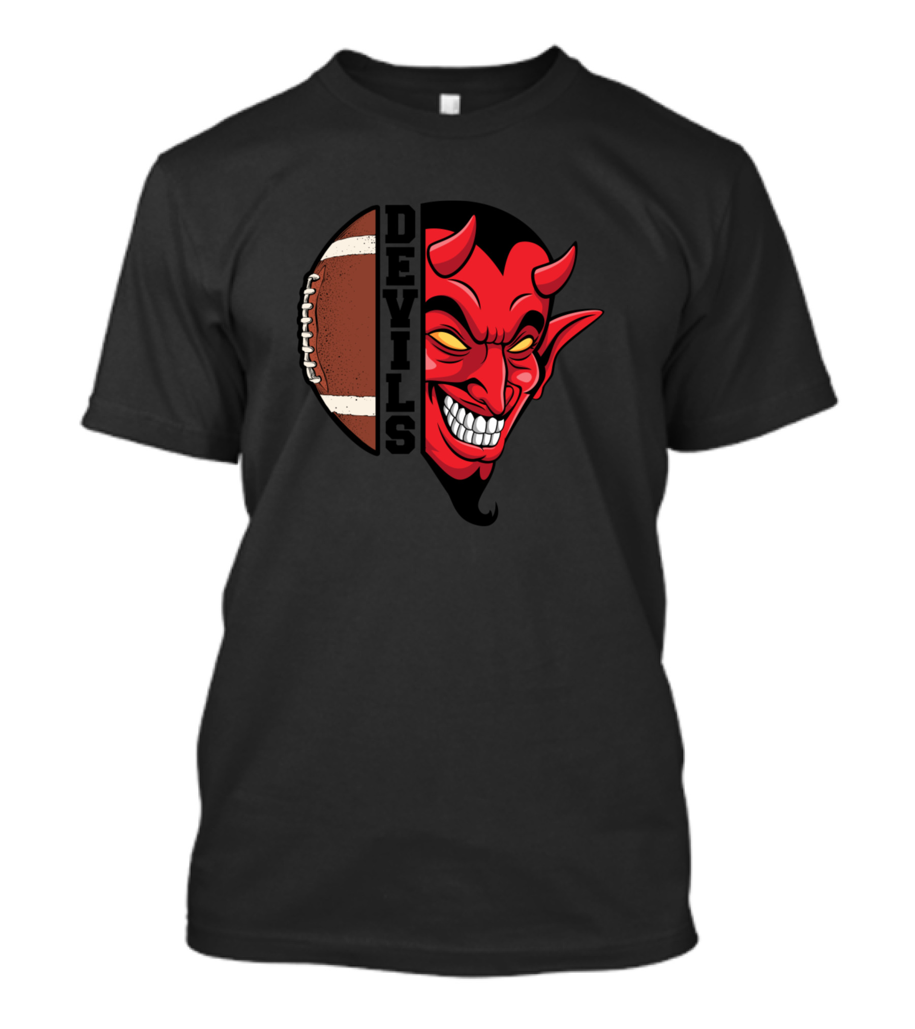 Devils Football Red Devil Grinning With Football Half-Face T-Shirt