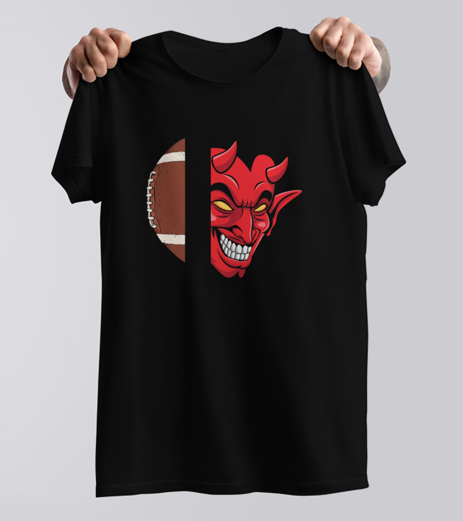 Devils Football Red Devil Grinning With Football Half-Face T-Shirt