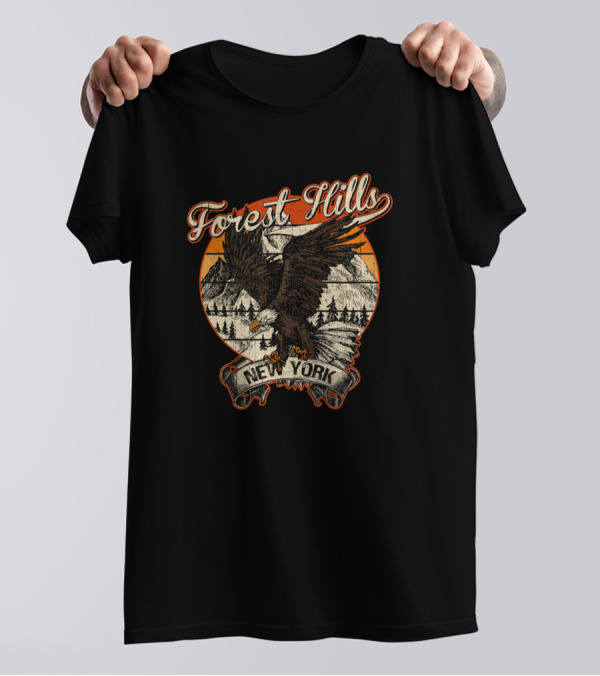 Forest Hills New York Bald Eagle Vintage Retro Mountain Scene T-Shirt