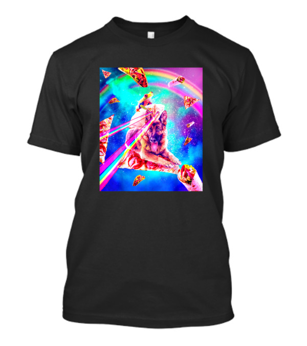 Frog Riding Space Laser Eyes Dog With Pizza Under Rainbow T-Shirt