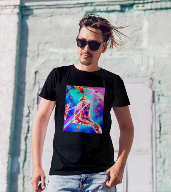Frog Riding Space Laser Eyes Dog With Pizza Under Rainbow T-Shirt