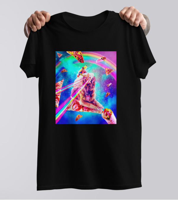 Frog Riding Space Laser Eyes Dog With Pizza Under Rainbow T-Shirt