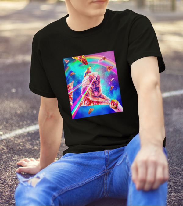 Frog Riding Space Laser Eyes Dog With Pizza Under Rainbow T-Shirt