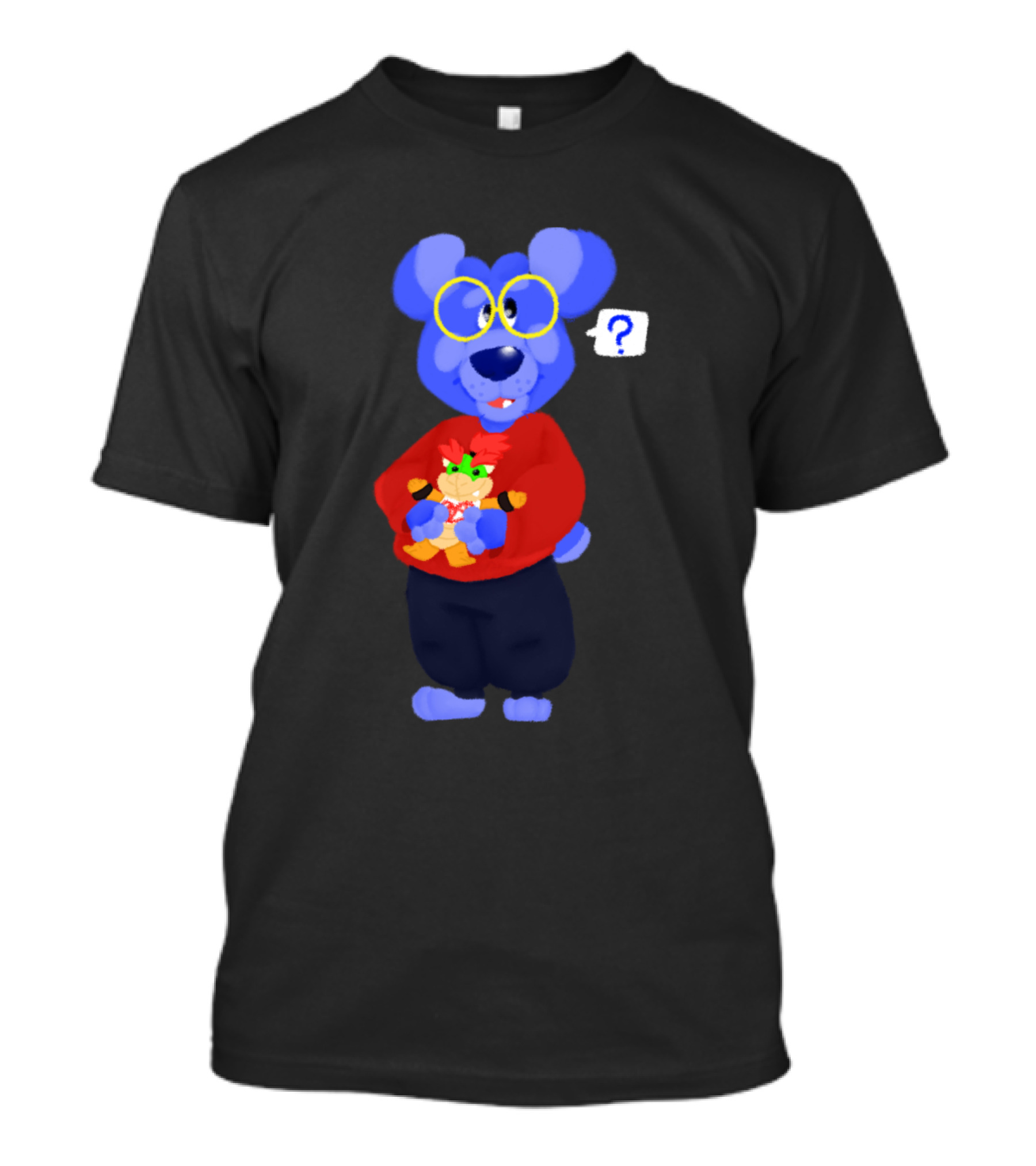 Fuzzy Blue Bear With Yellow Glasses Holding Cartoon Character T-Shirt