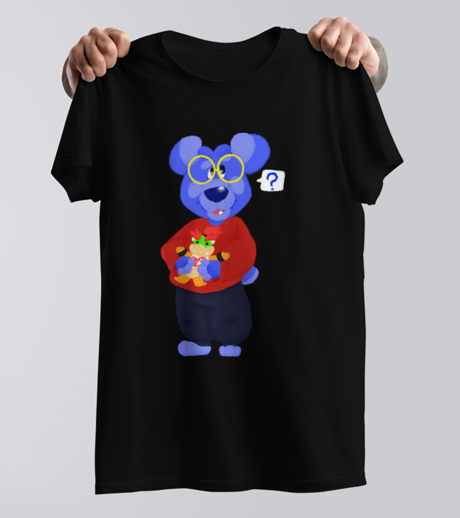 Fuzzy Blue Bear With Yellow Glasses Holding Cartoon Character T-Shirt