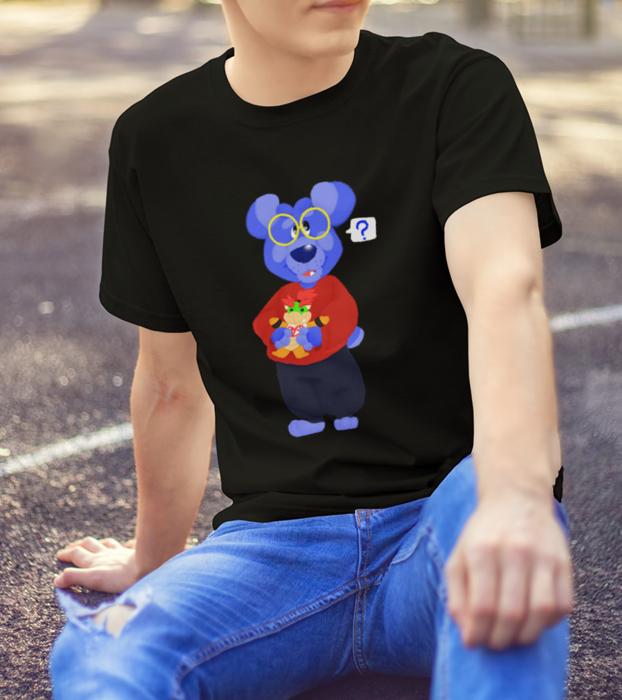 Fuzzy Blue Bear With Yellow Glasses Holding Cartoon Character T-Shirt